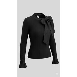 XS - Chicwish Black Bow Neck Bell Sleeve Knit Blouse Top